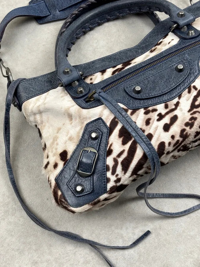 2010s Balenciaga City Cow Pony Hair Navy Leather Bag kEuneDV 6