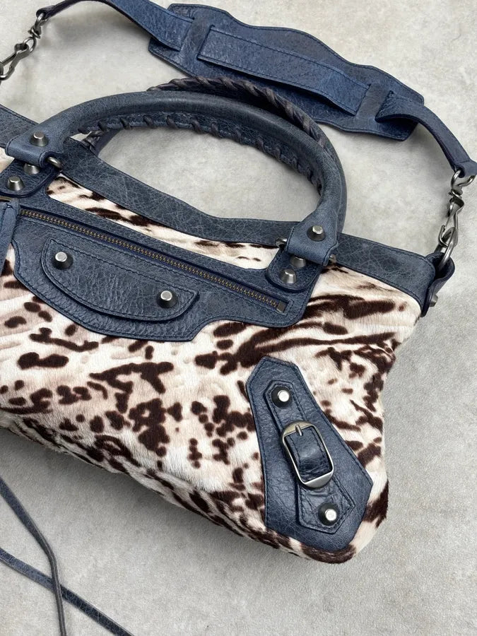 2010s Balenciaga City Cow Pony Hair Navy Leather Bag kEuneDV 4