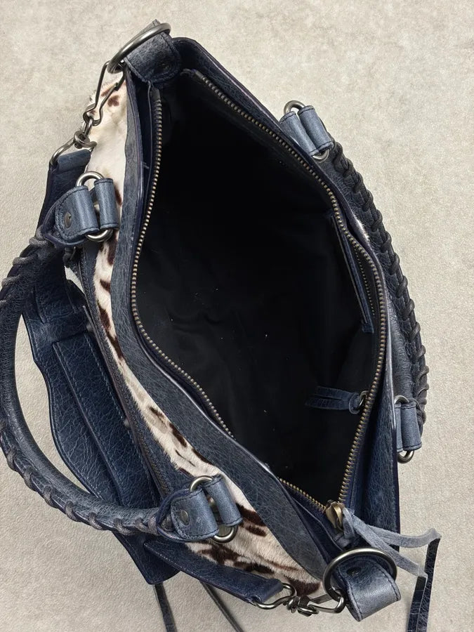 2010s Balenciaga City Cow Pony Hair Navy Leather Bag kEuneDV 17
