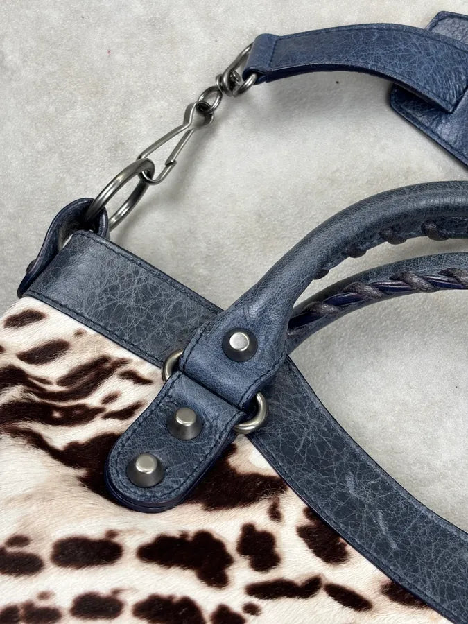 2010s Balenciaga City Cow Pony Hair Navy Leather Bag kEuneDV 16