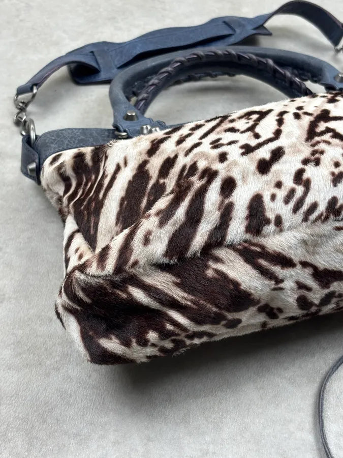 2010s Balenciaga City Cow Pony Hair Navy Leather Bag kEuneDV 12