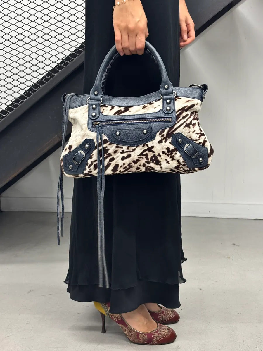 2010s Balenciaga City Cow Pony Hair Navy Leather Bag kEuneDV 1