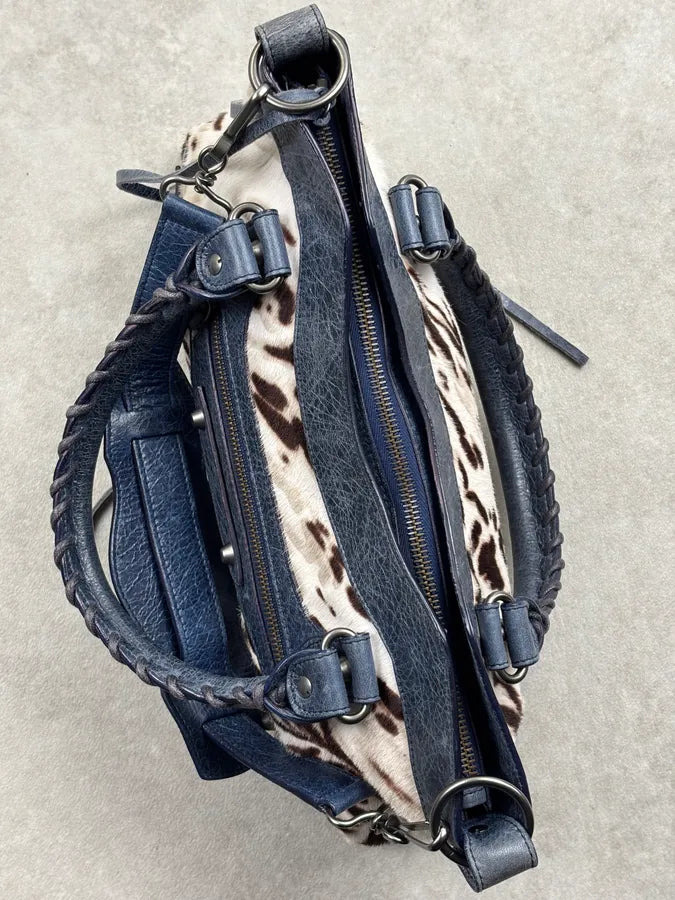 2010s Balenciaga City Cow Pony Hair Navy Leather Bag kEuneDV 15
