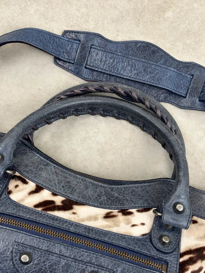 2010s Balenciaga City Cow Pony Hair Navy Leather Bag kEuneDV 5