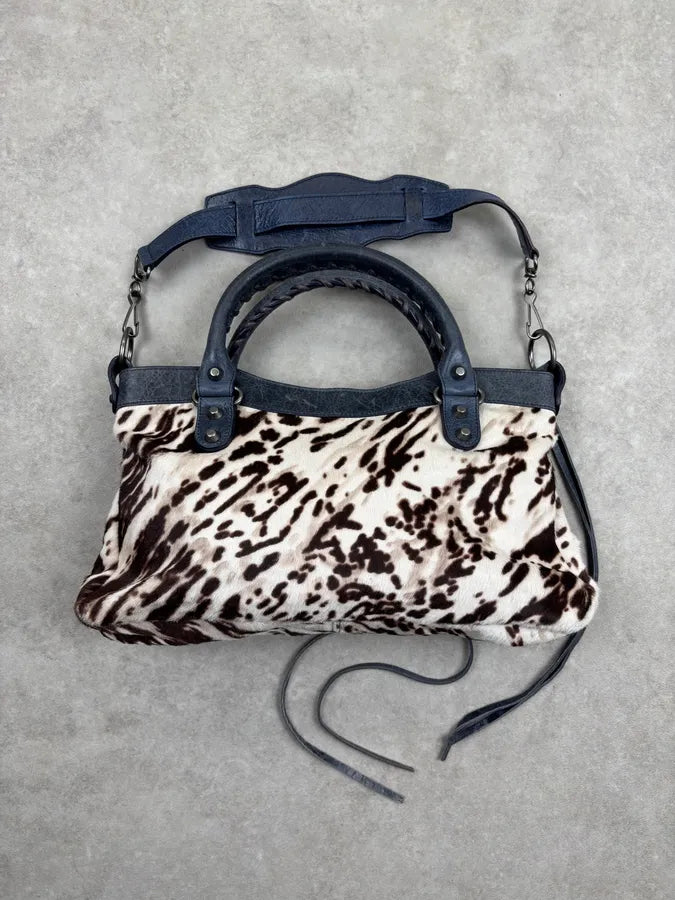 2010s Balenciaga City Cow Pony Hair Navy Leather Bag kEuneDV 11