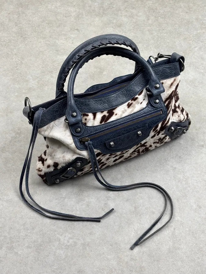 2010s Balenciaga City Cow Pony Hair Navy Leather Bag kEuneDV 0