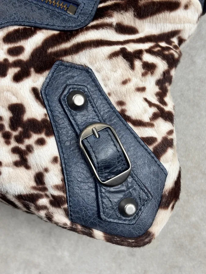 2010s Balenciaga City Cow Pony Hair Navy Leather Bag kEuneDV 8