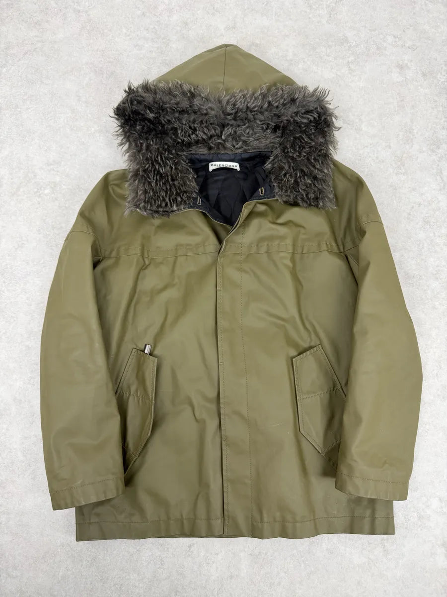 2010s Balenciaga Green Fur Hooded Parka Jacket zGUYGRh 0