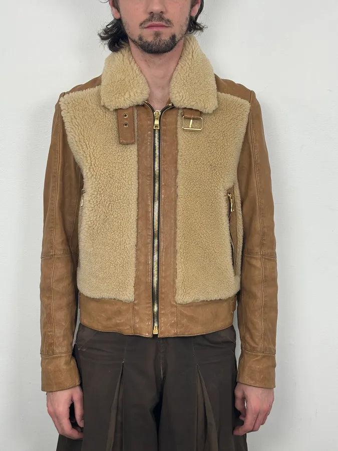 2010s Balmain Beige & Brown Shearling Biker Sample Leather Jacket vdcMWdT 0