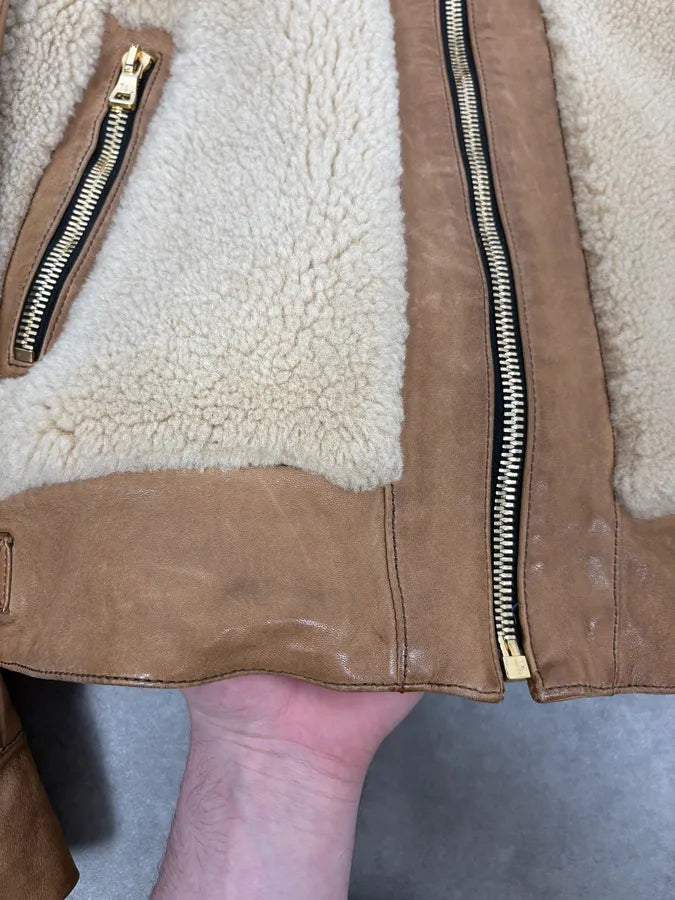 2010s Balmain Beige & Brown Shearling Biker Sample Leather Jacket vdcMWdT 10