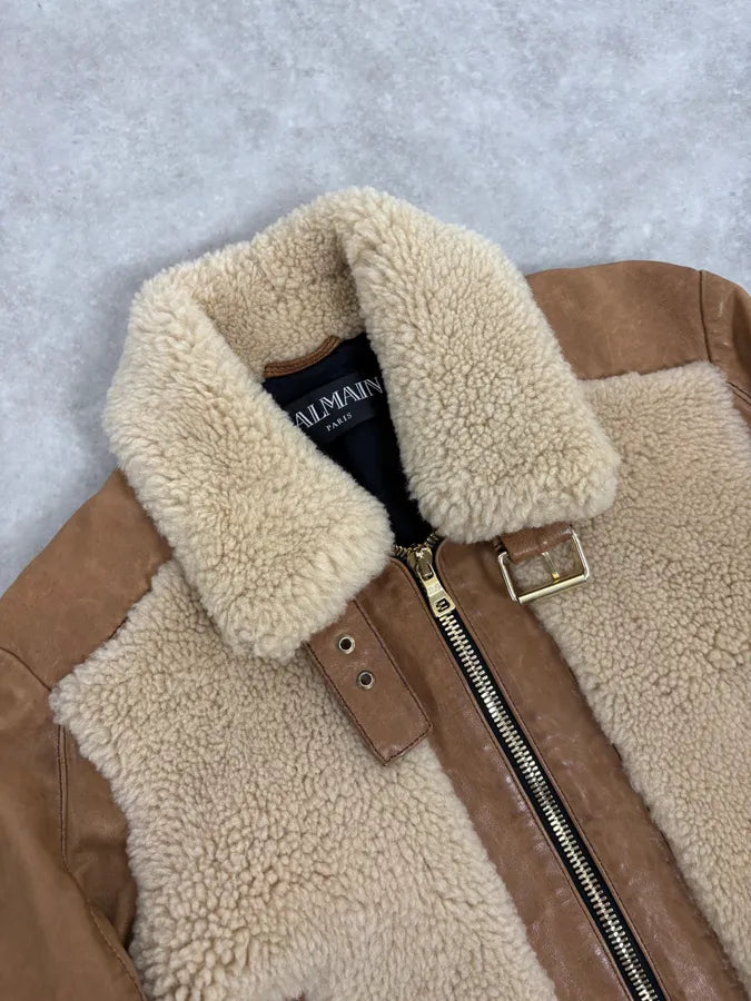 2010s Balmain Beige & Brown Shearling Biker Sample Leather Jacket vdcMWdT 4