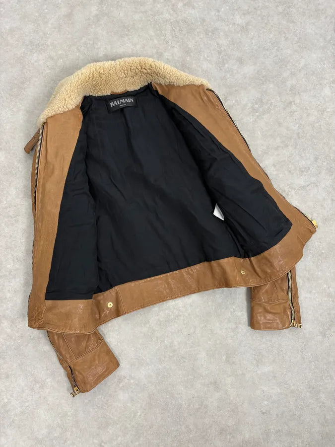 2010s Balmain Beige & Brown Shearling Biker Sample Leather Jacket vdcMWdT 6