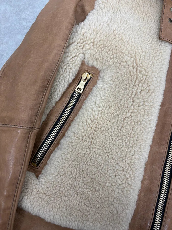 2010s Balmain Beige & Brown Shearling Biker Sample Leather Jacket vdcMWdT 9