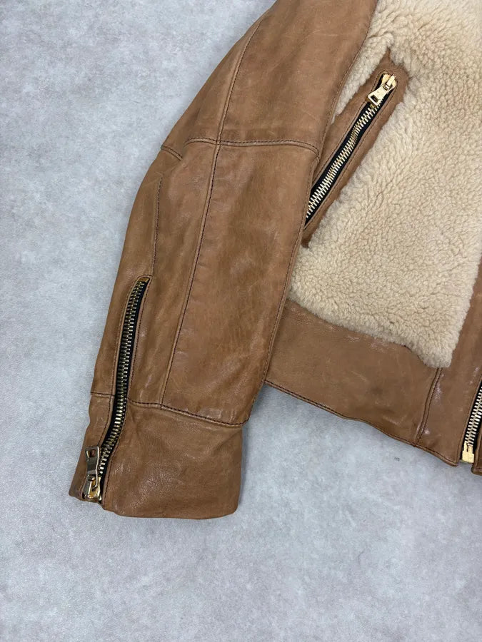 2010s Balmain Beige & Brown Shearling Biker Sample Leather Jacket vdcMWdT 7