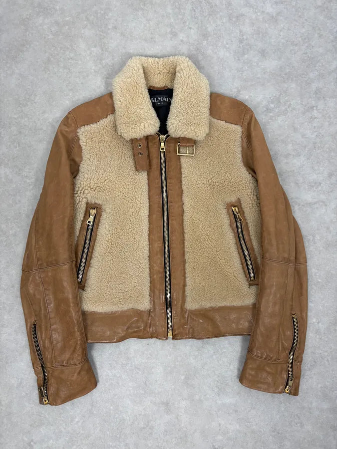 2010s Balmain Beige & Brown Shearling Biker Sample Leather Jacket vdcMWdT 2