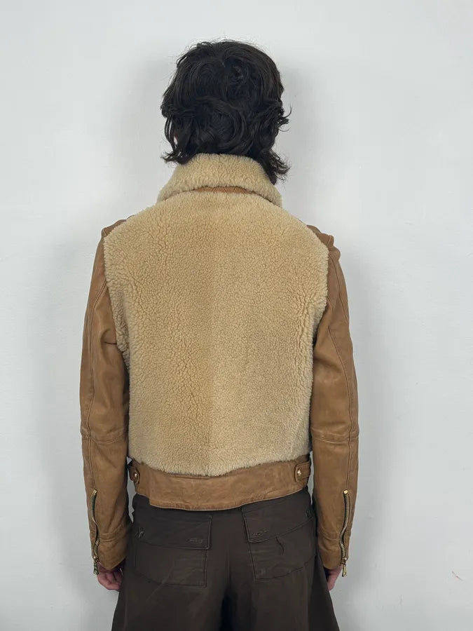 2010s Balmain Beige & Brown Shearling Biker Sample Leather Jacket vdcMWdT 1