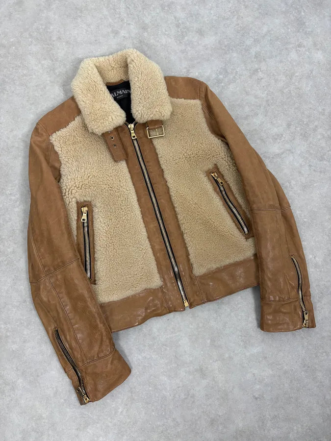 2010s Balmain Beige & Brown Shearling Biker Sample Leather Jacket vdcMWdT 3