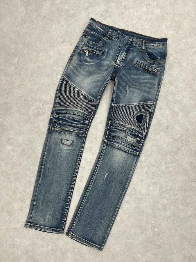2010s Balmain Biker Blue Denim Jeans rEZfPCE 5