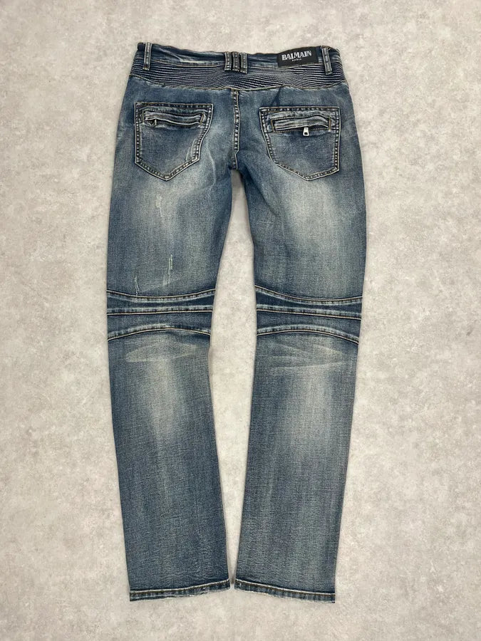 SS2011 Balmain Biker Blue Denim Jeans rEZfPCE 7