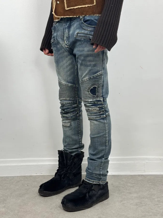 SS2011 Balmain Biker Blue Denim Jeans rEZfPCE 2