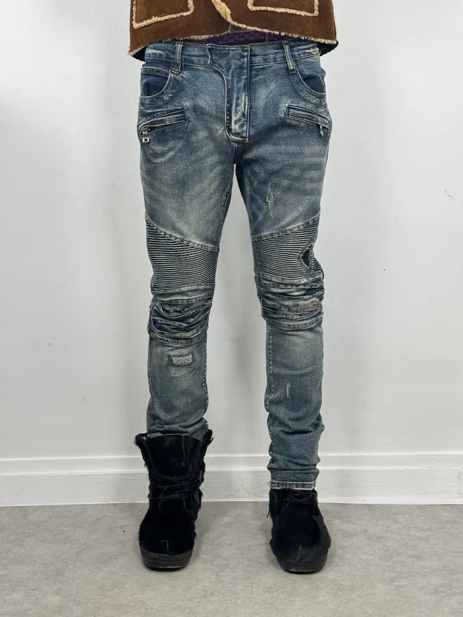 SS2011 Balmain Biker Blue Denim Jeans rEZfPCE 0