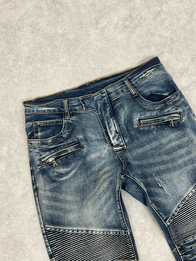 SS2011 Balmain Biker Blue Denim Jeans rEZfPCE 5