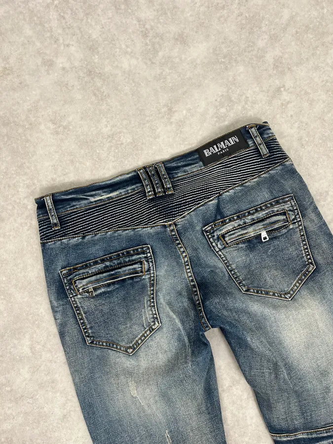 2010s Balmain Biker Blue Denim Jeans rEZfPCE 7