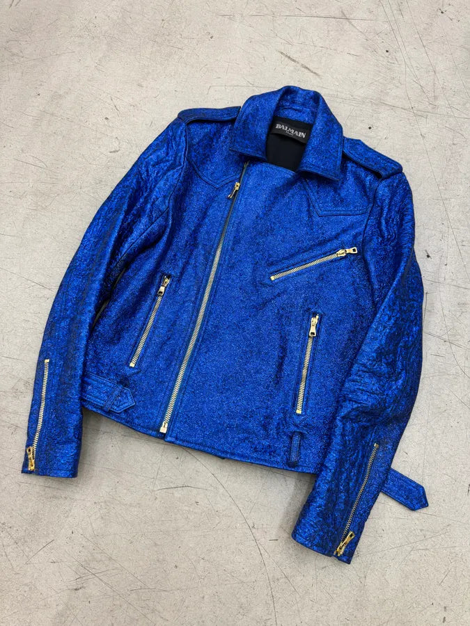 2010s Balmain Biker Electric Blue Sequin Effect Biker Jacket VsBEogC 2