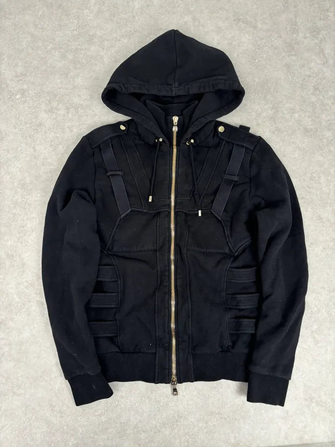 AW2017 Balmain Black Bondage Avant-Garde Zip-up Sweater kukPMfI 0