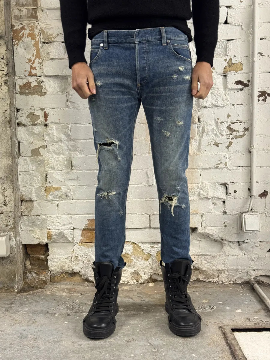 2010s Balmain Blue Faded Destroyed Denim Skinny Jeans qqGIxoB 0