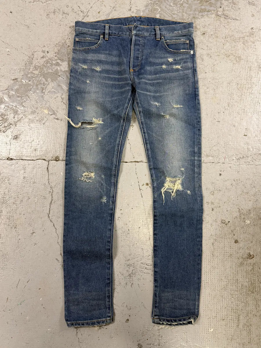 2010s Balmain Blue Faded Destroyed Denim Skinny Jeans qqGIxoB 3