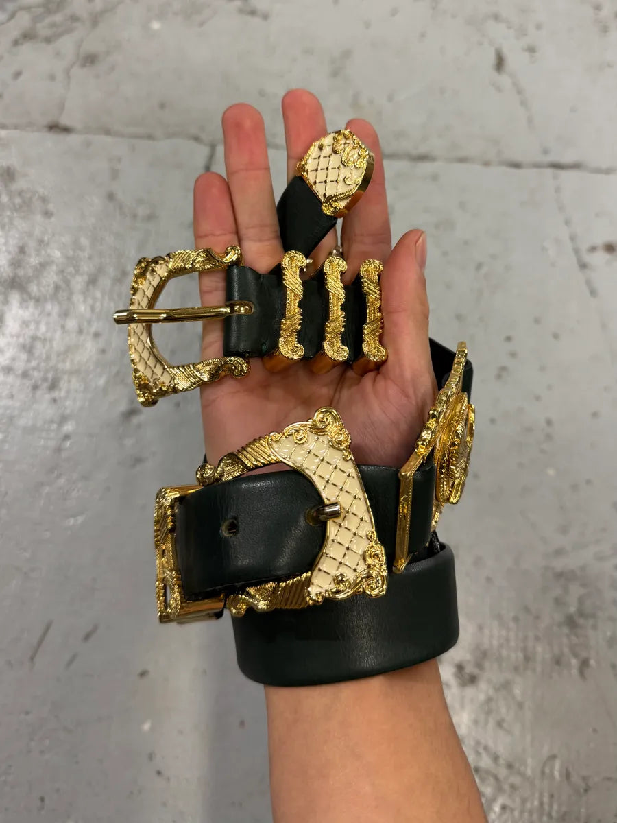 2010s Balmain Dark Green Leather Golden Eagle Buckle Belt uFjtUMN 0