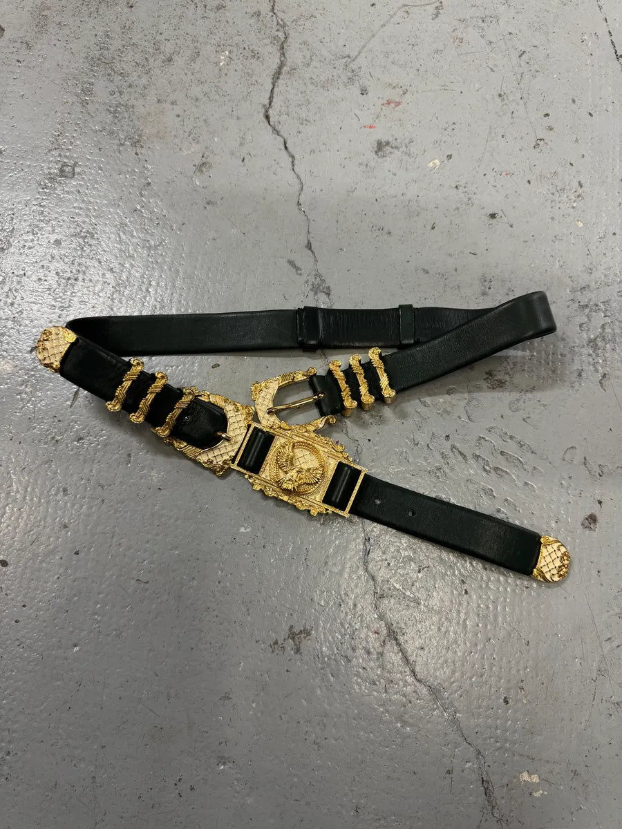 2010s Balmain Dark Green Leather Golden Eagle Buckle Belt uFjtUMN 2