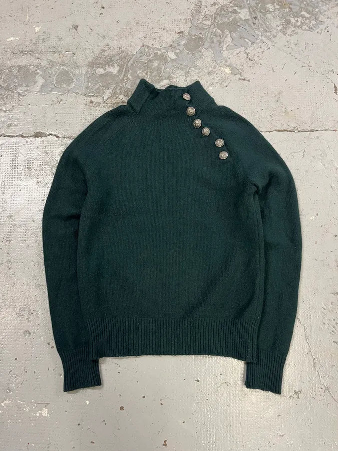 2010s Balmain Dark Green Wool Buttoned Turtleneck Sweater HMlapkz 0