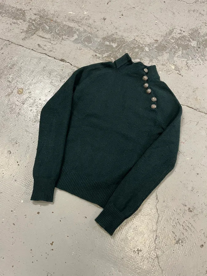 2010s Balmain Dark Green Wool Buttoned Turtleneck Sweater HMlapkz 1