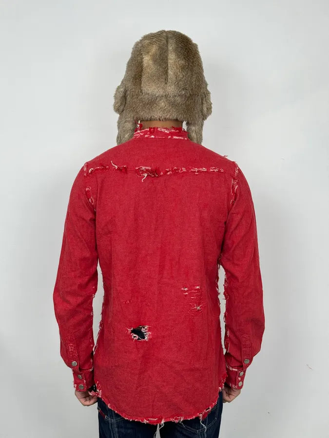 AW2013 Balmain Destroyed Red Heavy Shirt fHNquXx 2