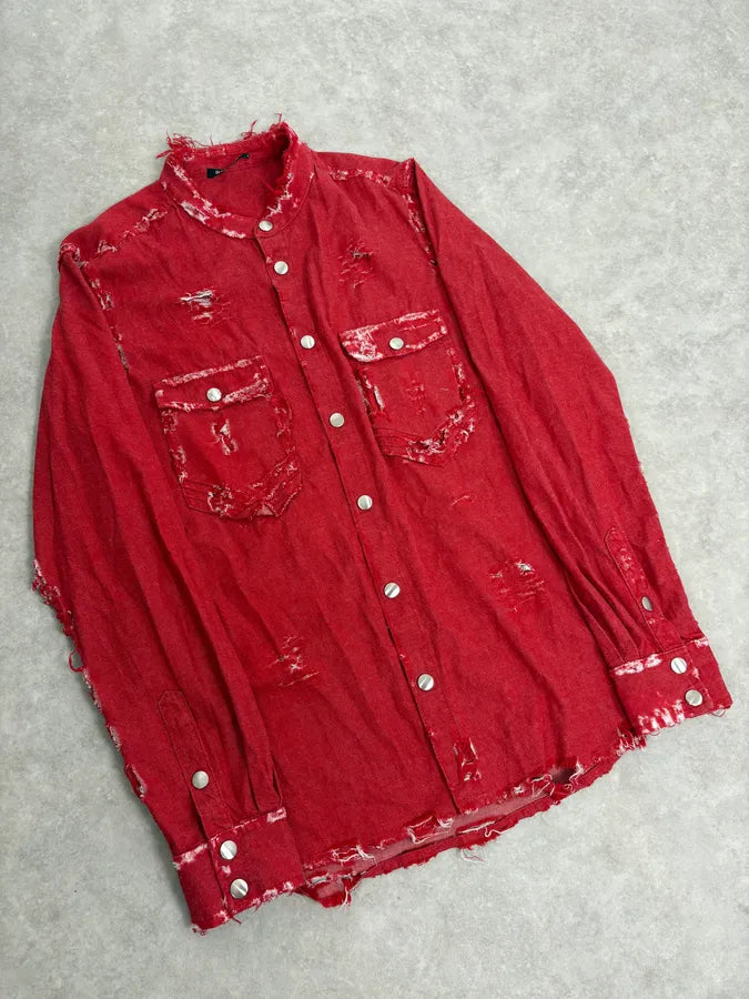 AW2013 Balmain Destroyed Red Heavy Shirt fHNquXx 3