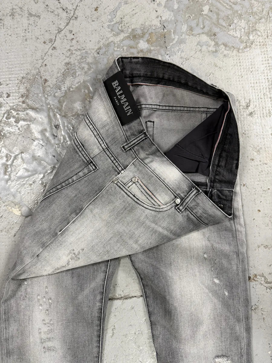 2010s Balmain Grey Faded Destroyed Denim Slim Jeans DNuRMvv 7