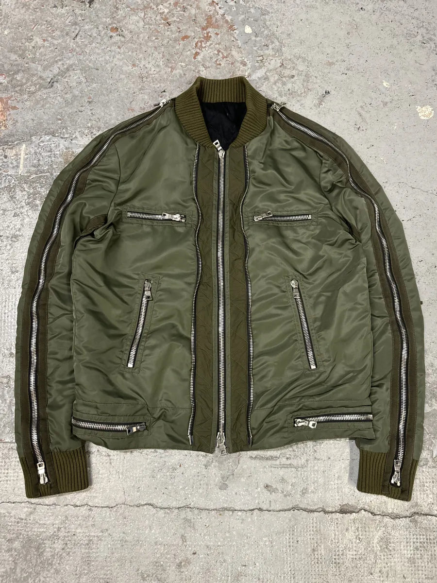 2010s Balmain Multi Zips Aviator Green Bomber Jacket XJnbqZy 0