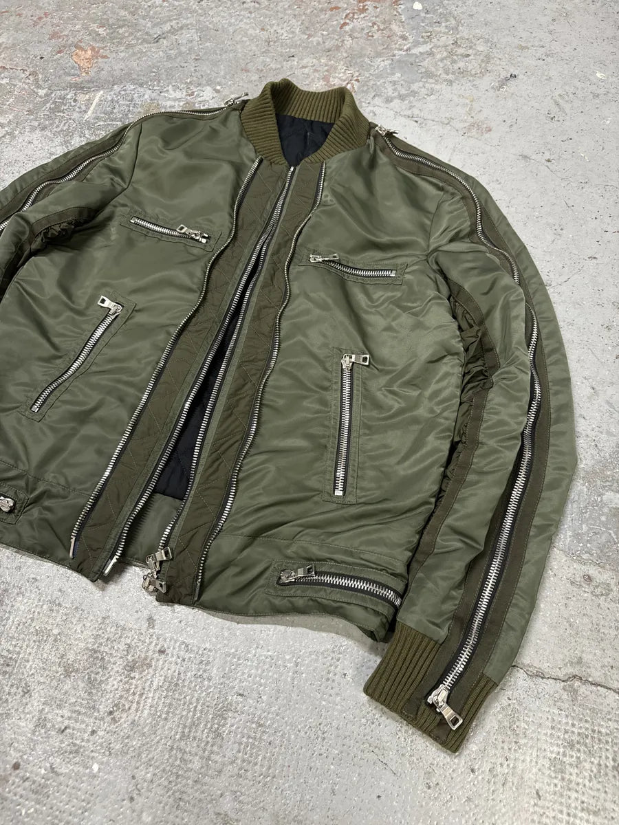 2010s Balmain Multi Zips Aviator Green Bomber Jacket XJnbqZy 6