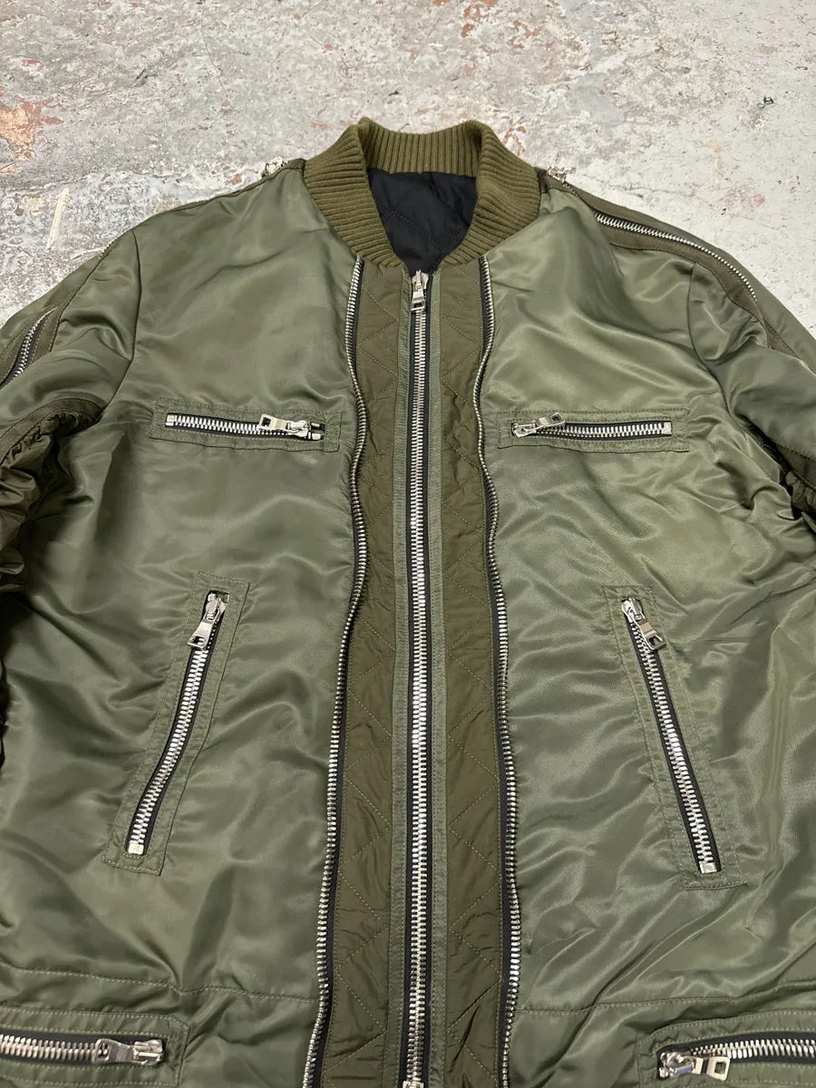 2010s Balmain Multi Zips Aviator Green Bomber Jacket XJnbqZy 7