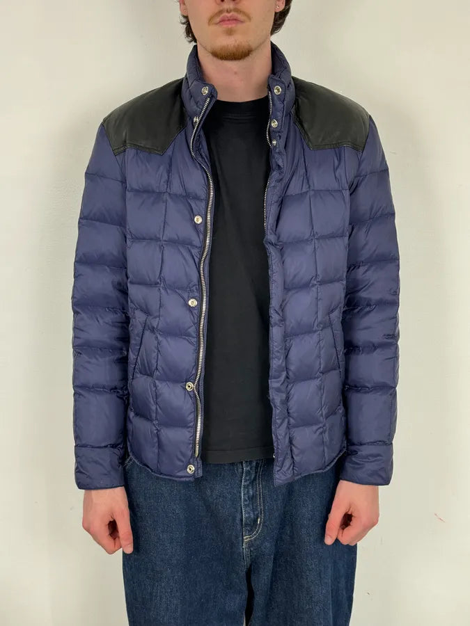 2010s Balmain Blue Leather Shoulder Patch Puffer Jacket PCHTnLD 1