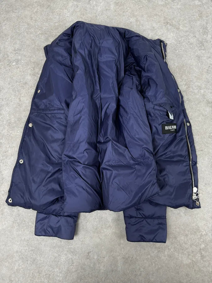 2010s Balmain Blue Leather Shoulder Patch Puffer Jacket PCHTnLD 6