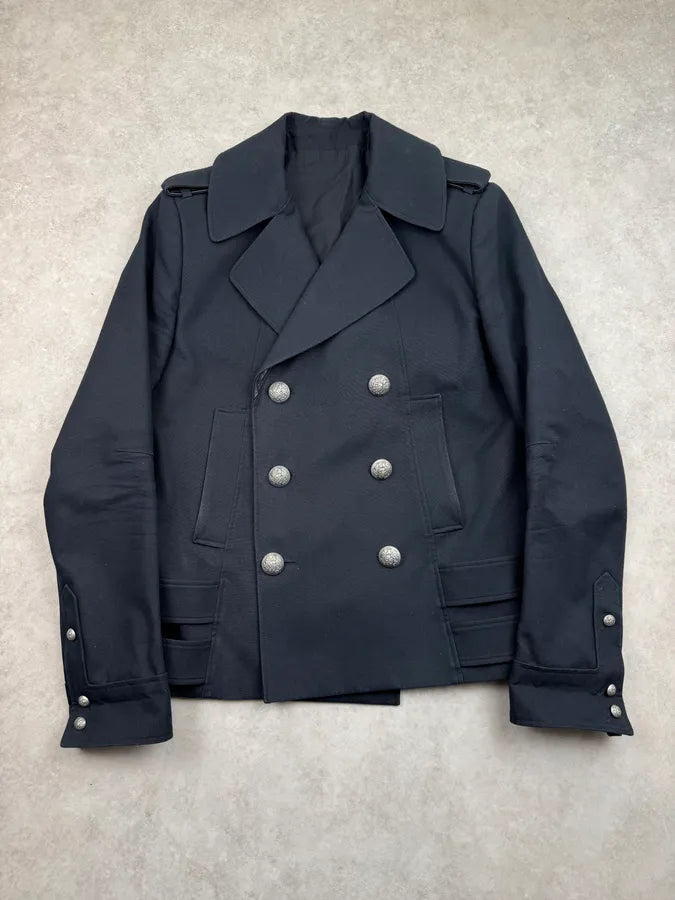2010s Balmain Navy Cotton & Leather Buttoned Officer Jacket eBLLMlj 0