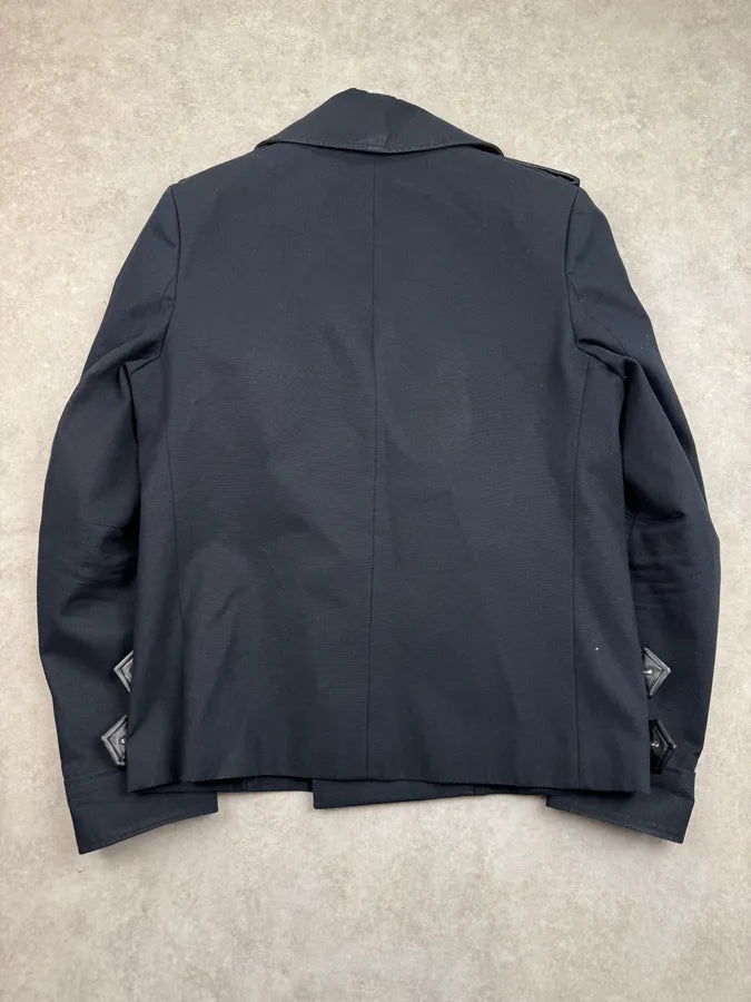 2010s Balmain Navy Cotton & Leather Buttoned Officer Jacket eBLLMlj 1
