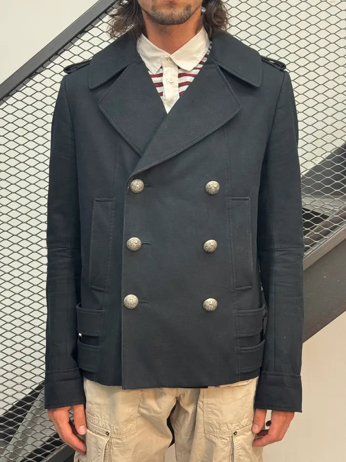 2010s Balmain Navy Cotton & Leather Buttoned Officer Jacket eBLLMlj 2