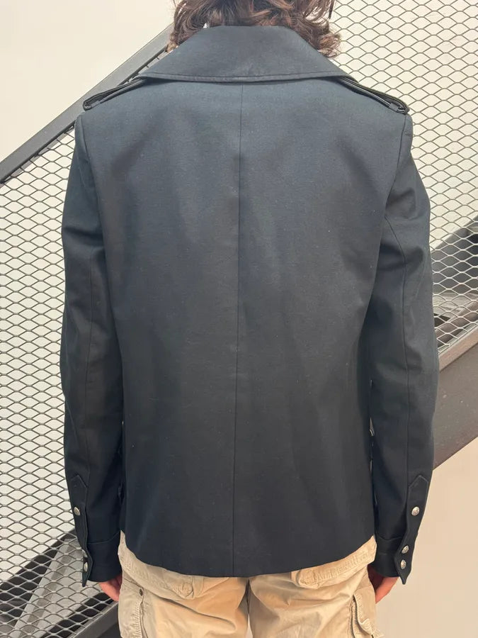 2010s Balmain Navy Cotton & Leather Buttoned Officer Jacket eBLLMlj 3