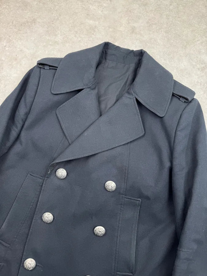 2010s Balmain Navy Cotton & Leather Buttoned Officer Jacket eBLLMlj 4