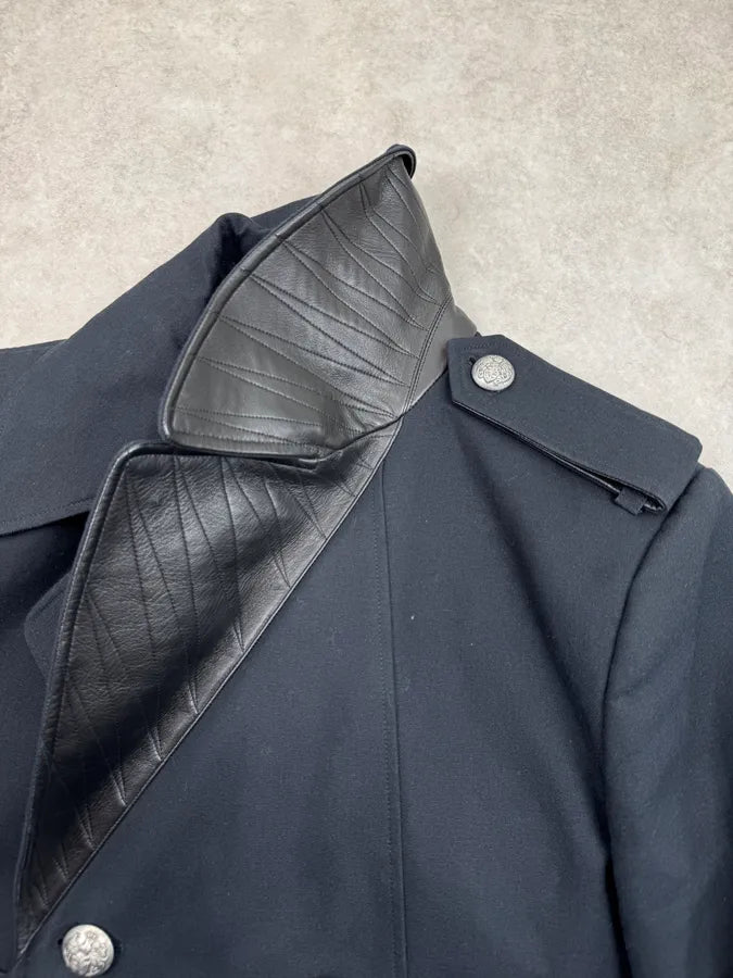 2010s Balmain Navy Cotton & Leather Buttoned Officer Jacket eBLLMlj 5