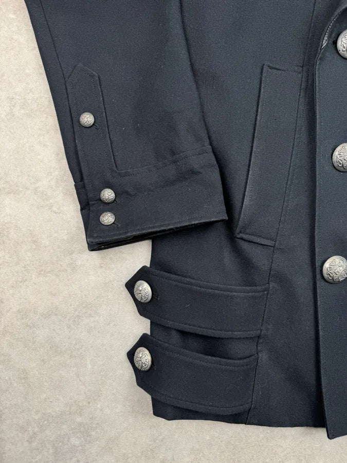 2010s Balmain Navy Cotton & Leather Buttoned Officer Jacket eBLLMlj 7
